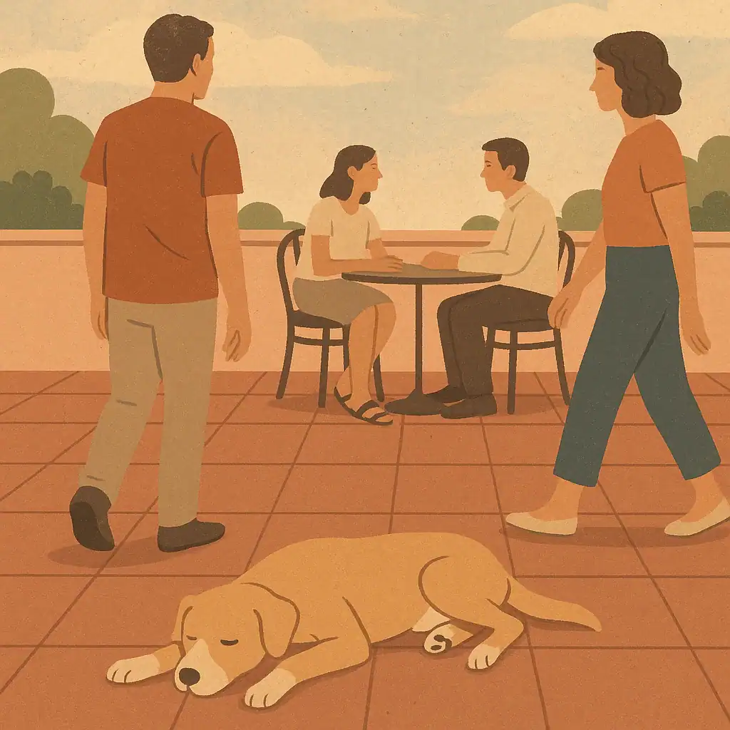 Perro tumbado tranquilo en terraza con gente alrededor que lo ignora
