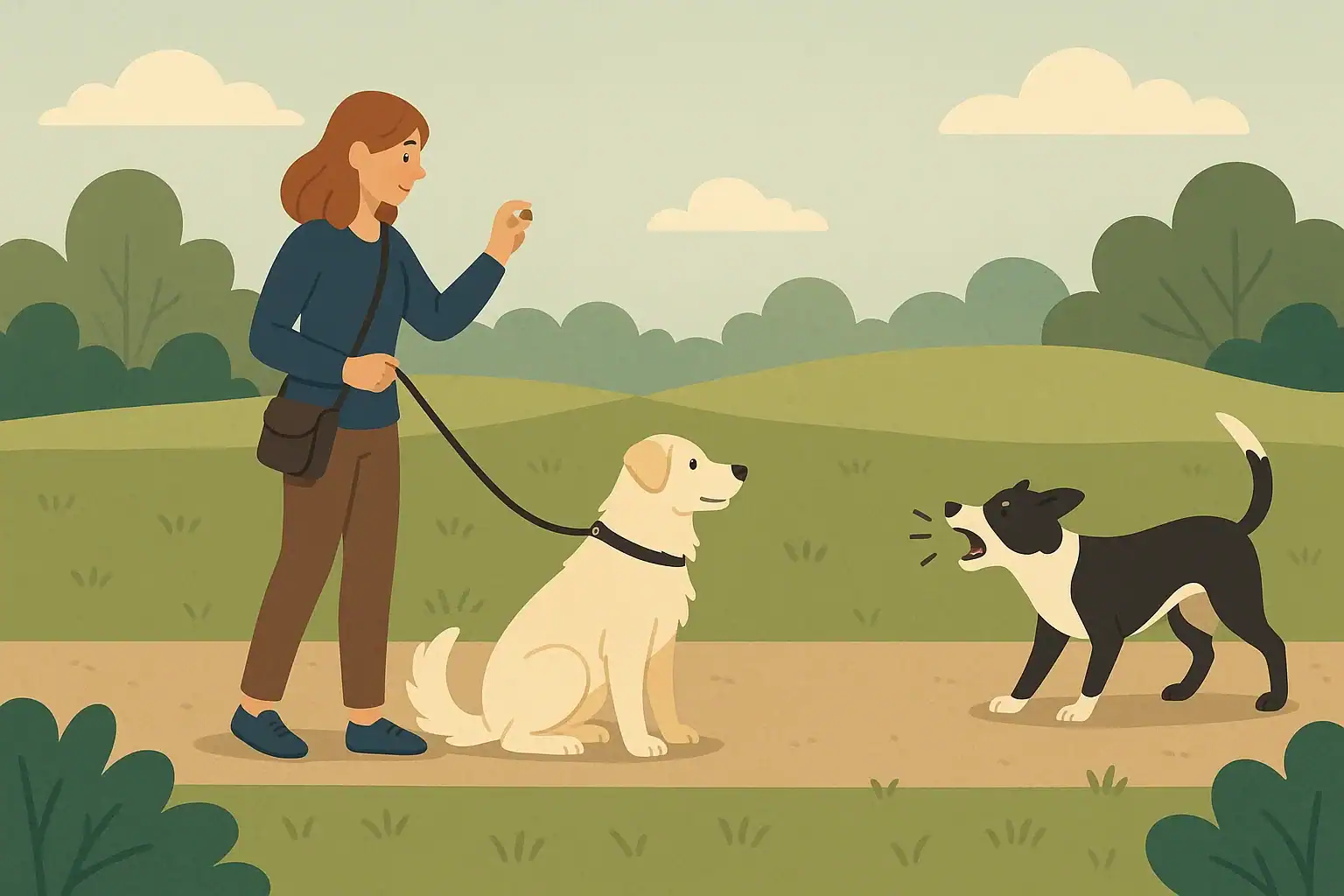 Persona trabajando con perro reactivo manteniendo distancia de seguridad de otro perro