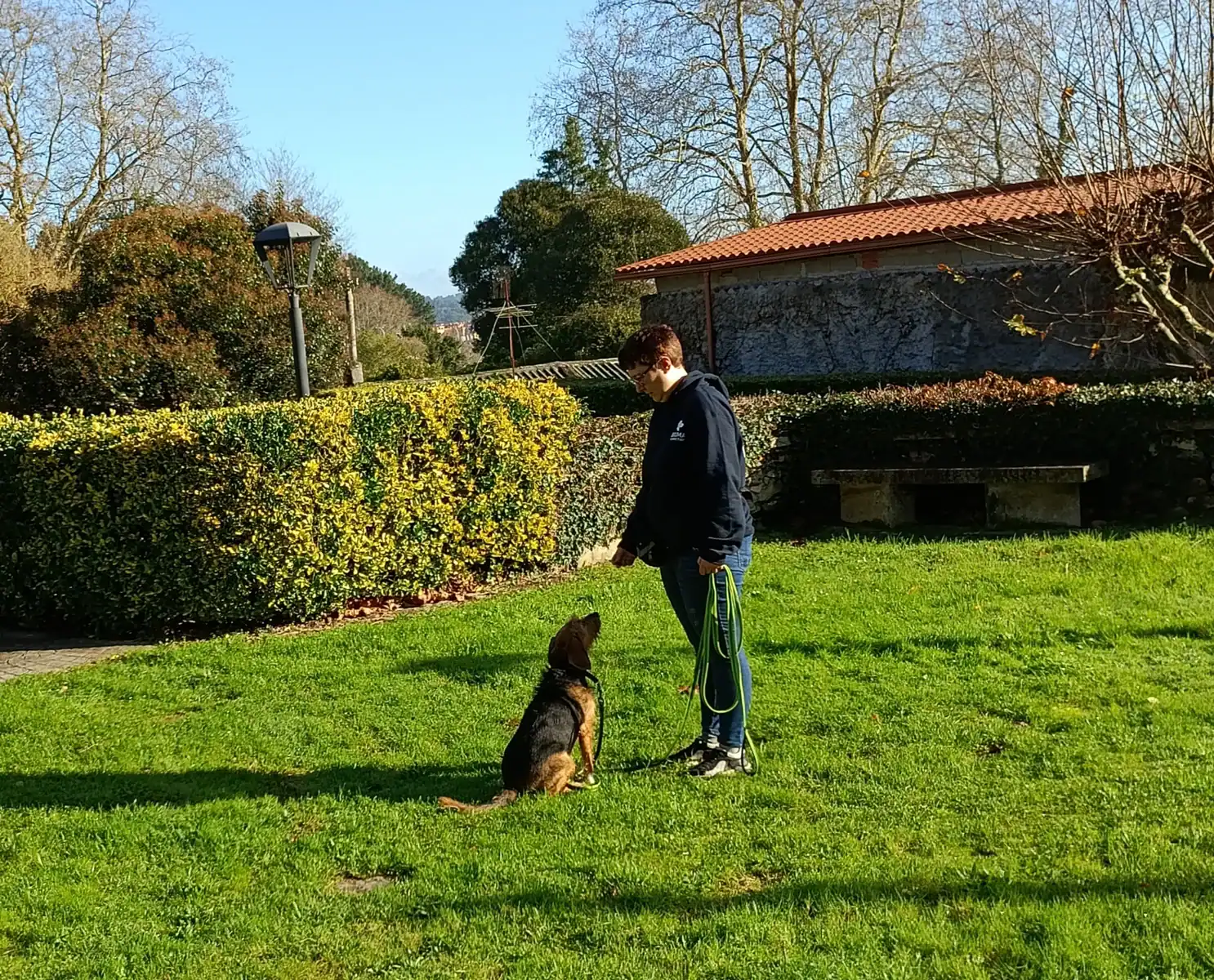 Mari, una perra de tamaño mediano, se sienta atenta frente a su guía durante un ejercicio de calma y atención en un parque.